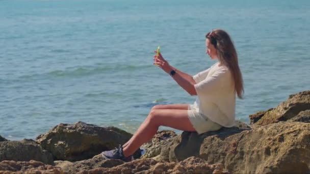 Woman Sitting Rock Water — Stock Video