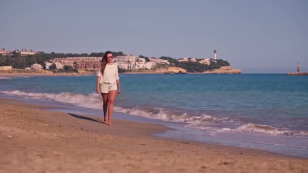 Eine Frau Die Einem Strand Meer Entlang Geht Hochwertiges Filmmaterial — Stockvideo