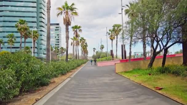 Ein Mann Fährt Mit Einem Skateboard Eine Straße Neben Hohen — Stockvideo