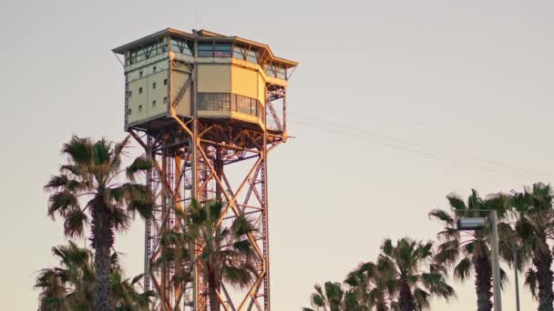 Ein Seilbahnturm Mit Palmen Hintergrund Hochwertiges Filmmaterial — Stockvideo