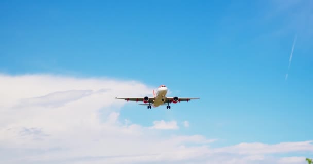 Grande Jetliner Voando Através Céu Azul Nublado — Vídeo de Stock