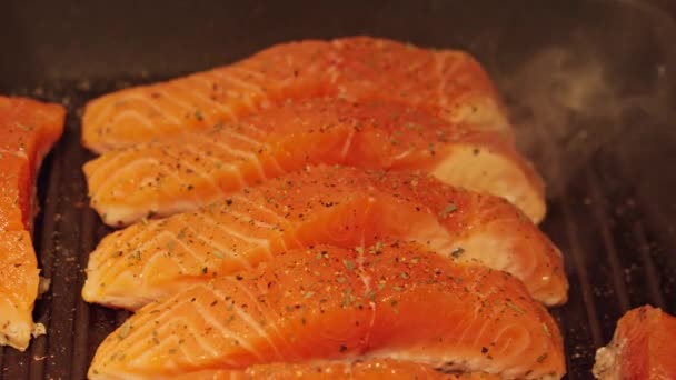 Salmon Being Cooked Grill Pan — Stock Video