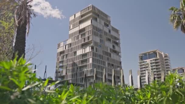 Ein Sehr Hohes Gebäude Umgeben Von Palmen — Stockvideo