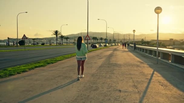 Gün Batımında Yolda Yürüyen Bir Kız Yüksek Kalite Görüntü — Stok video