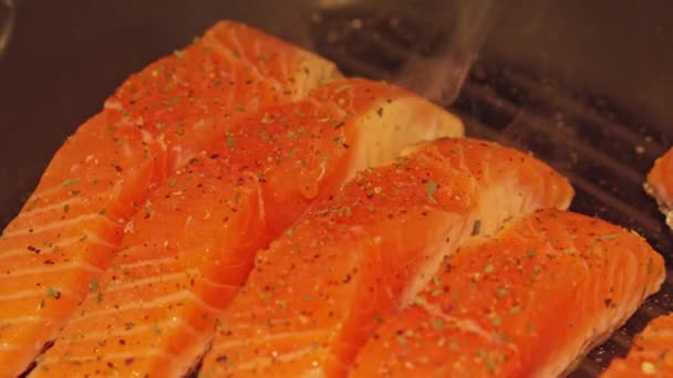 Bunch Salmon Being Cooked Grill — Stock Video