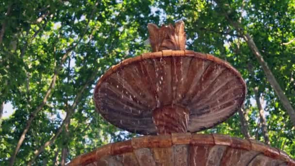 Schöne Fontäne Mit Fallendem Wasser Auf Dem Hintergrund Von Bäumen — Stockvideo