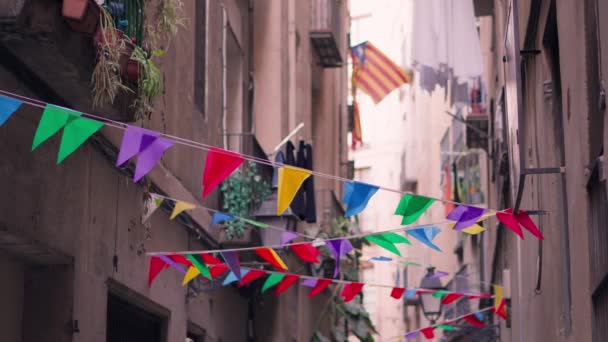 Een Straat Met Een Bos Van Kleurrijke Vlaggen Opknoping Aan — Stockvideo