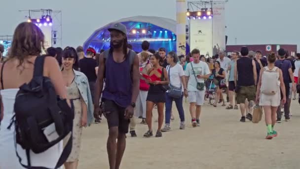 Большая Группа Людей Гуляет Пляжу — стоковое видео