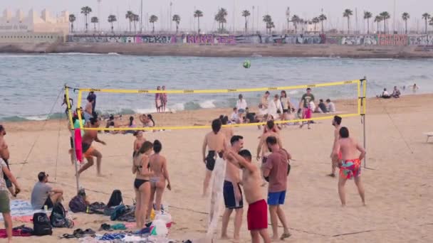 Μια Ομάδα Ανθρώπων Μια Παραλία Που Παίζουν Βόλεϊ — Αρχείο Βίντεο