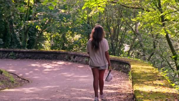 Een Vrouw Wandelend Langs Een Pad Het Bos Omringd Door — Stockvideo