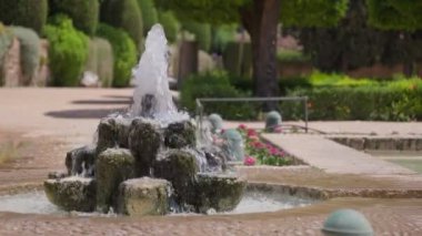 Güneşli bir günde, sakin bir bahçede yemyeşil ve renkli çiçeklerle çevrili büyüleyici bir çeşme dinlenmeyi ve huzuru davet eder..