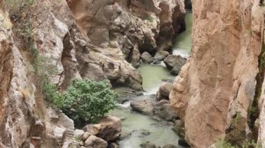 Huzurlu bir nehir, yüksek kaya oluşumları ve yemyeşil yemyeşil ile çevrili dar bir kanyon boyunca esiyor, pitoresk bir doğal ortam yaratıyor..