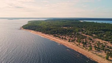 Huzurlu bir kıyı şeridi, parlak bir gökyüzü altında yeşil ormanlarla kaplanmış, sakin ve sakin bir göl boyunca uzanır..