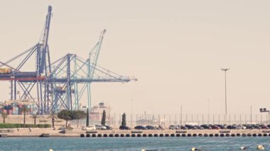 Limanın yakınındaki araçlar sisli bir gökyüzü altında deniz ticaretinin özünü yakalar..