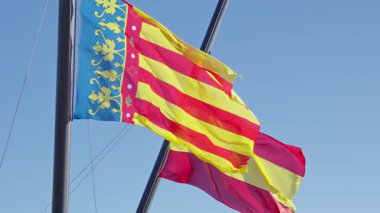 Valencia ve İspanya 'nın renkli bayrakları açık mavi gökyüzünün altındaki ılık kıyı esintisinde dalgalanıyor. Bölgesel gurur ve mirası simgeliyor..