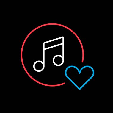 Siyah arkaplan ikonu ve favori, sevgi, bakım sembolü gibi müzik notaları. Müzik ikonu gibi. Müzik nota simgesi, kalp işareti olan müzik simgesi.