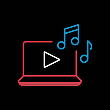 Laptop vektöründeki müziği siyah arkaplan simgesinde dinleyin. Müzik işareti. Müzik ve ses web sitesi için grafik sembolü ve uygulama tasarımı, logo, uygulama, UI