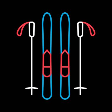 Kayak ve sopa vektörü siyah arkaplan simgesinde izole edildi. Kış işareti. Seyahat ve turizm web sitesi ve uygulama tasarımı, logo, uygulama, UI için grafik sembolü
