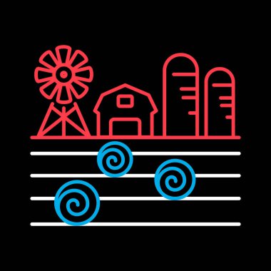 Çiftlik manzarası, ahır, rüzgar pompası, saman yığını ve siyah arkaplan ikonu. Tarım işareti. Web sitenizin tasarımı için grafik sembolü, logo, uygulama, UI. Vektör illüstrasyonu, EPS10.