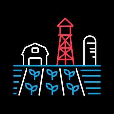 Siyah arkaplan ikonu üzerinde ahır, rüzgâr pompası, fide ve su kulesi vektörü olan çiftlik manzarası. Tarım işareti. Web sitenizin tasarımı için grafik sembolü, logo, uygulama, UI. Vektör illüstrasyonu, EPS10.