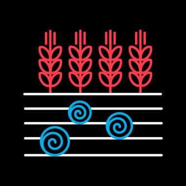 Buğday kulakları, arpa ya da çavdar tarlasında ve saman balyaları siyah arkaplan ikonuna izole edilmiş. Tarım işareti. Web sitenizin tasarımı için grafik sembolü, logo, uygulama, UI. Vektör illüstrasyonu, EPS10.