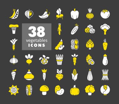 Sebzeler koyu arkaplan simgeleri üzerinde izole vektör kabartması. Gıda ve içecek web sitesi için grafik sembolü, uygulama tasarımı, mobil uygulamalar ve yazdırma ortamı, logo, UI