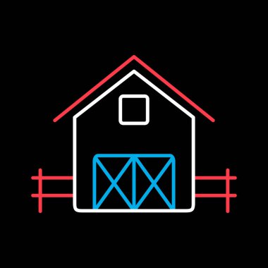 Koyu arkaplan simgesinde izole edilmiş ahır. Çiftlik hayvanı işareti. Web sitenizin tasarımı için grafik sembolü, logo, uygulama, UI. Vektör illüstrasyonu