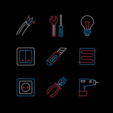 Ev onarımı, elektrik vektör düz simgeler ayarlandı. Web sitenizin tasarımı için grafik sembolü, logo, uygulama, UI. Vektör illüstrasyonu, EPS10.