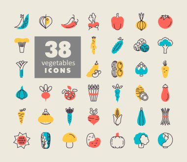 Sebzeler izole vektör simgeleri ayarlandı. Gıda ve içecek web sitesi için grafik sembolü, uygulama tasarımı, mobil uygulamalar ve yazdırma ortamı, logo, UI