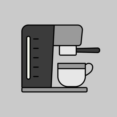 Ev, restoran, kafe veya ofis için fincan vektör gri ölçekli kahve makinesi. Elektrikli mutfak aletleri. Yemek pişirme sitesi tasarımı ve logosu için grafik sembolü