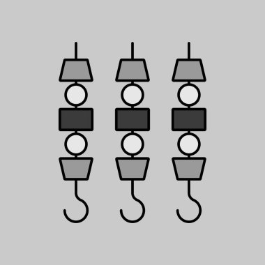 Şişte ızgara et kebabı, gri ölçekli vektör ikonu. Mutfak aletleri. Yemek pişirme web sitesi tasarımı, logo, uygulama, UI için grafik sembolü