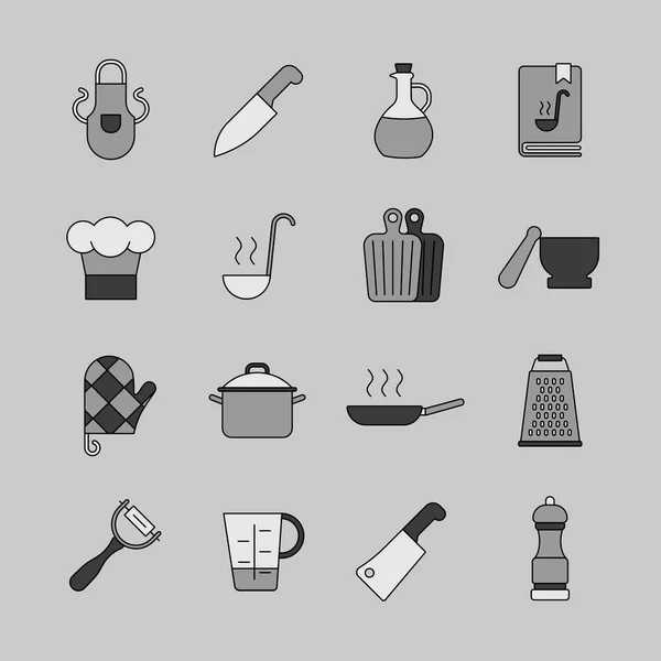 烹调食物和厨房病媒灰度图标集 烹饪网站和应用程序设计 应用程序 用户界面的图形符号 — 图库矢量图片