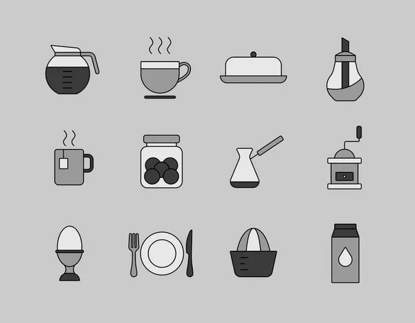 朝食とキッチンベクトルグレースケールアイコンセット ウェブサイトやアプリのデザイン アプリ Uiを調理するためのグラフシンボル — ストックベクタ