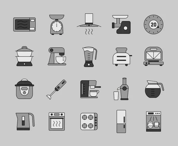 Kitchen Appliances Electronic Electrical Equipment Tool Vector Grayscale Icon Set — Stock Vector