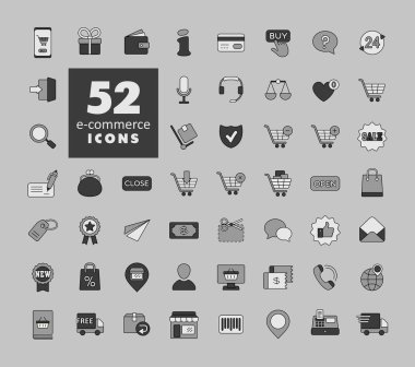 E-ticaret vektör gri ölçekli simgeleri alışverişe ve internete koydu. Web sitenizin tasarımı için grafik sembolü, logo, uygulama, UI