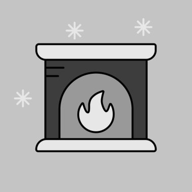 Şömine vektörü gri tonlama simgesi izole edildi. Kış işareti. Seyahat ve turizm web sitesi ve uygulama tasarımı, logo, uygulama, UI için grafik sembolü