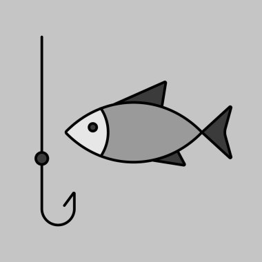 Balık vektörü ile balık oltası izole edilmiş gri tonlama simgesi. Kamp ve yürüyüş işareti. Seyahat ve turizm web sitesi ve uygulama tasarımı, logo, uygulama, UI için grafik sembolü