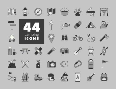 Kamp, Yürüyüş, Doğa ve Dış Faaliyetler gri tonlama simgeleri ayarlandı. Seyahat ve turizm web sitesi ve uygulama tasarımı, logo, uygulama, UI için grafik sembolü