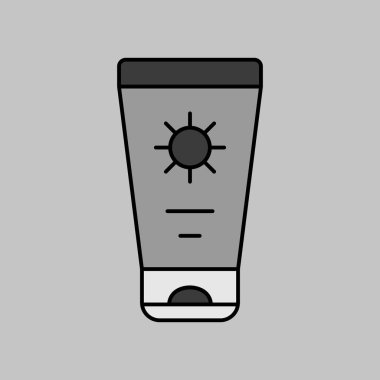 Gri ölçekli vektör ikonunda güneş kremi izole edilmiş. Yaz tabelası. Seyahat ve turizm web sitesi ve uygulama tasarımı, logo, uygulama, UI için grafik sembolü