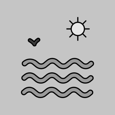 Deniz dalgaları ve güneş vektörü gri ölçekli ikon. Yaz tabelası. Seyahat ve turizm web sitesi ve uygulama tasarımı, logo, uygulama, UI için grafik sembolü