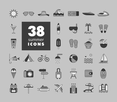 Yaz vektörü gri tonlama simgeleri ayarlandı. Yaz tabelası. Seyahat ve turizm web sitesi ve uygulama tasarımı, logo, uygulama, UI için grafik sembolü