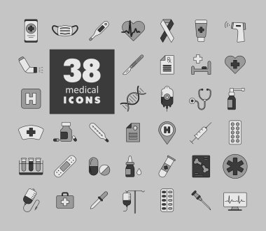 Medical vector grayscale icons set. Medicine and healthcare, medical support sign. Graph symbol for medical web site and apps design, logo, app, UI