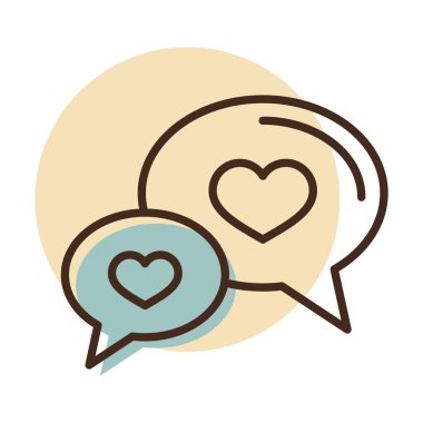 Konuşma balonları ile kalp simgesi. Sevgililer günü sembolü. Vektör çizim, romantizm unsurları. Etiket, yama, rozet, kart için evlilik, düğün