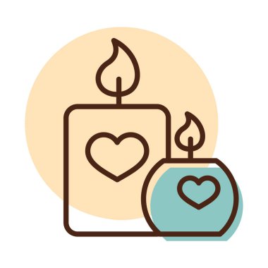 Yanan mum ile kalp simgesi. Sevgililer günü sembolü. Vektör çizim, romantizm unsurları. Etiket, yama, rozet, kart için evlilik, düğün