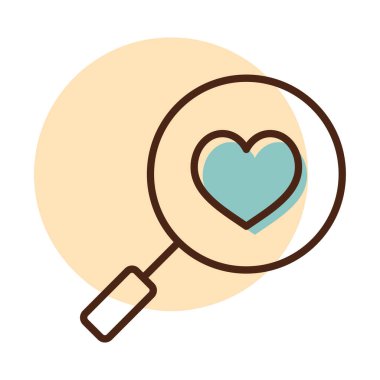 Kalp arama simgesi. Sevgililer günü sembolü. Vektör çizim, romantizm unsurları. Etiket, yama, rozet, kart için evlilik, düğün