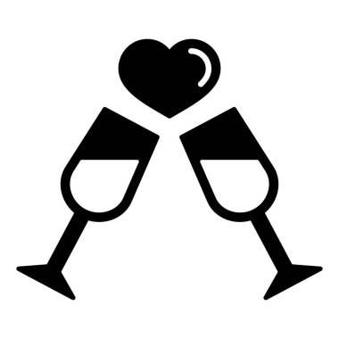 Two champagne glasses couple love drink cheers glyph icon. Valentine day symbol. Vector illustration, romance elements. Sticker, patch, badge, card for marriage, wedding
