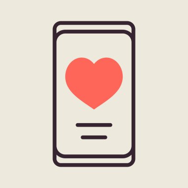 Teknoloji kalp smartphone cep telefonu romantik telefon görüşmesi. Sevgililer günü simgesi, doodle. Dekorasyon için tebrik kartları, posterler, yamalar, giyim, amblemler, etiket yazdırır