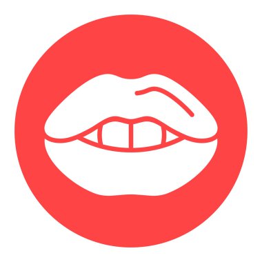 Woman red lips glyph icon illustration. Female mouth shape with teeth. Beautiful kiss symbol with lipstick makeup for love poster, fashion banner, greeting card design. Pop art polka dot background