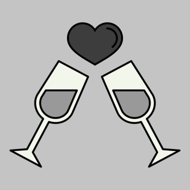 Two champagne glasses couple love drink cheers glyph icon. Valentine day symbol. Vector illustration, romance elements. Sticker, patch, badge, card for marriage, wedding