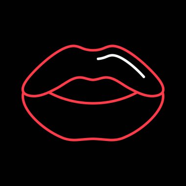 Woman red lips on black background icon illustration. Female mouth shape with teeth. Beautiful kiss symbol with lipstick makeup for love poster, fashion banner, greeting card design.